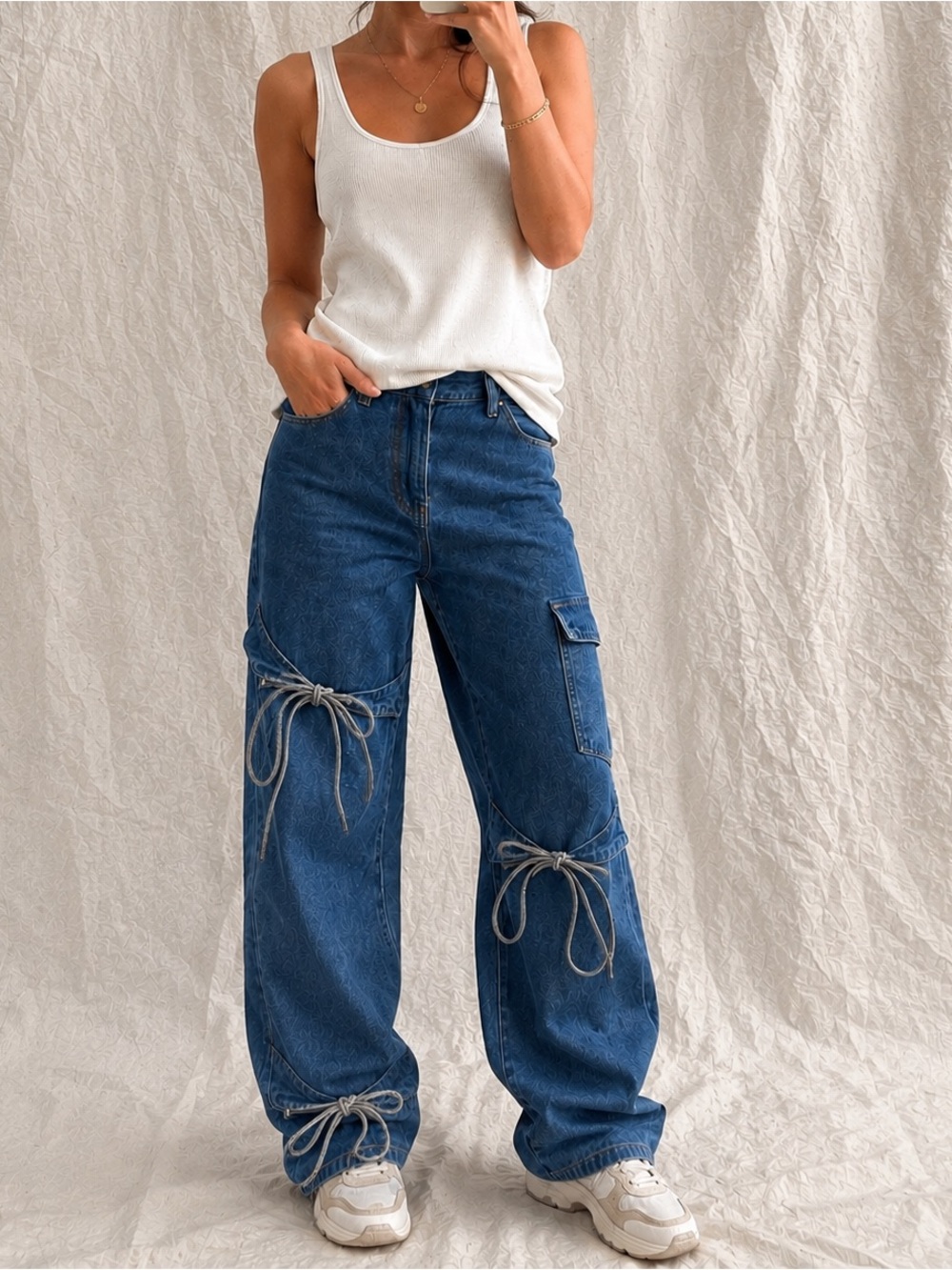 Wide Leg Bow Detail Denim Jeans XS | High Waisted Relaxed Fit NWOT
